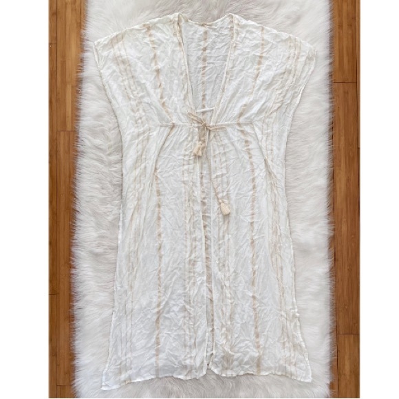 Lovestitch White Beige Stripe Open Tie Front Flowy Maxi Caftan Coverup Kimono - Picture 2 of 12